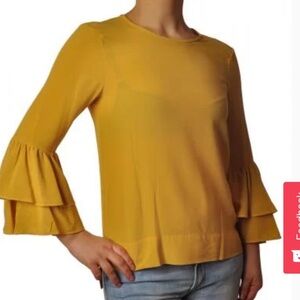 Papillon mustard yellow knit blouse sweater bell sleeve ruffles square neck S